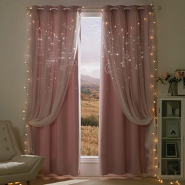 NICETOWN Pink Curtains, Star Moon Cutout Cute Curtains Blackout Drapes with Sheer Overly for Girl Bedroom, Double Layer Window Treatment for Nursery, 52 X 695 Inches, 1 Panel