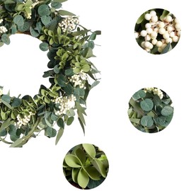 18 inch Artificial Spring Summer Greenery Wreath Front Door Decoration Eucalyptus Leaves Wreath with Berries Greenery Wreath for Wall Window Festival Farmhouse Garden Outside Decorations for Door