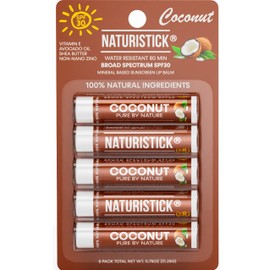 Mineral SPF 30 Vegan Lip Balm by Naturistick | Broad Spectrum UVA/UVB Sunscreen Protection with Zinc Oxide | 100% Natural, Coral-Friendly Formula | Oxybenzone Free | 5-Pack Coconut | Made in USA