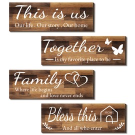 4 letreros de decoración de pared para el hogar, This is US/TogGETHER/BLESS This Home/Family Decoración de pared para sala de estar, recámara, decoración de pared de madera rústica de 4.7 x 13.8 pulgadas (café)