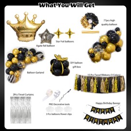 LOKIPA Black Gold Birthday Decorations ,Happy Birthday Banner Tinsel Curtains Foil Hanging Crown and Star Balloons Tassel Ribbon for Man Women Birthday Party