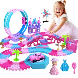 178 PCS Track Toy, Pink Racing Tracks Toys for 3 4 5 6 Year Old Girls, Flexible Tracks Car Magic Bendable Race Track Princess Toys with Light & Music for Toddlers, Kids and Girl Xmas Birthdays Gifts