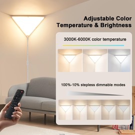Upgraded Corner Light with Remote, 24W 2200LM LED Corner Lights for Living Room, 3000K/4000K/6000K Plug in Ceiling Lights with Switch, Stepless Dimmable LED Lamp for Bedroom, Triangle Shape(1 Pack)