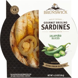 Brunswick Wild Caught Gourmet Brisling Sardines in Extra Virgin Olive Oil Topped with Jalapeño Slices, 4.23 oz Can - Wild Caught Sardines - 13g Protein per Serving - Gluten Free, Keto Friendly