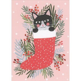 Sellers Publishing RSVP Black Cat in Red and White Polka Dot Stocking Christmas Card