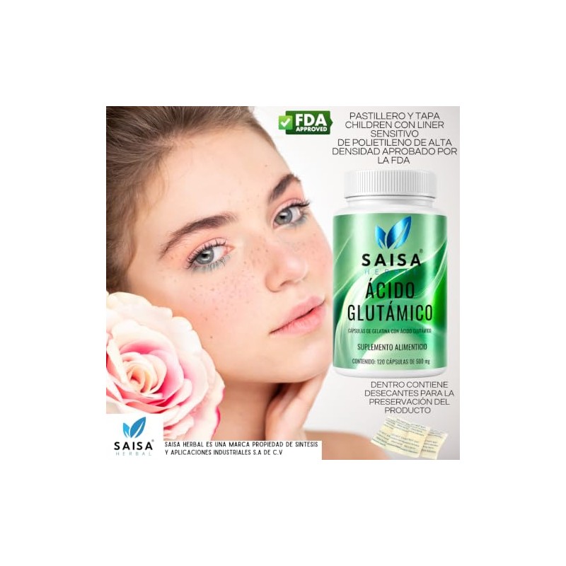 SAISA HERBAL Ácido Glutámico 100% Puro,120 Cápsulas | Suplemento para