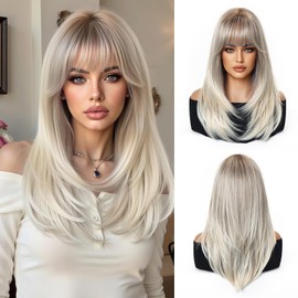 Esmee Long Straight Blonde Wigs for Women with Fringe Natural Synthetic Hair Ombre Wig for Daily & Party Use
