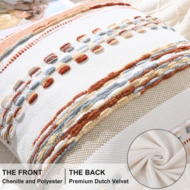 decorUhome Boho Decorative Throw Pillow Covers 18x18 Set of 2, Striped Chenille Tufted Pillow Covers with Tassels for Couch Bed Sofa, Cream White and Orange