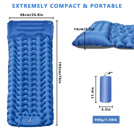 Camping Sleeping Mat, Ultralight Camping Mattress Self Inflating Camping Mat Single Sleeping Mat for Camping Inflatable Air Mattresses, Built-in Foot Pump and Pillow