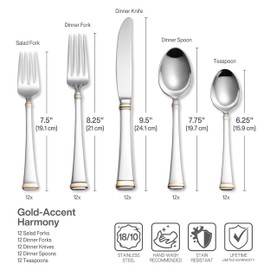 Mikasa Harmony 65-Piece Stainless Steel Flatware Set with Serveware, Service for 12, Gold-Accent