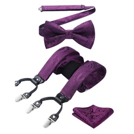 HISDERN Men's Braces 3.5 cm with 6 Extra Strong Clips in Y-Shape Elastic Length Adjustable 130 cm Bow Tie and Braces Set of 3 for Men, Purple Paisley