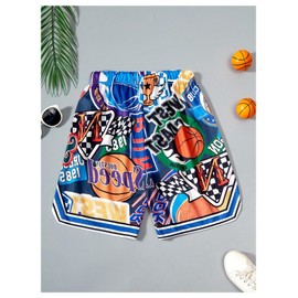 Floerns Boy's Letter Graphic Basketball Shorts Elastic Waist Wide Leg Track Shorts Blue Multi 15Y