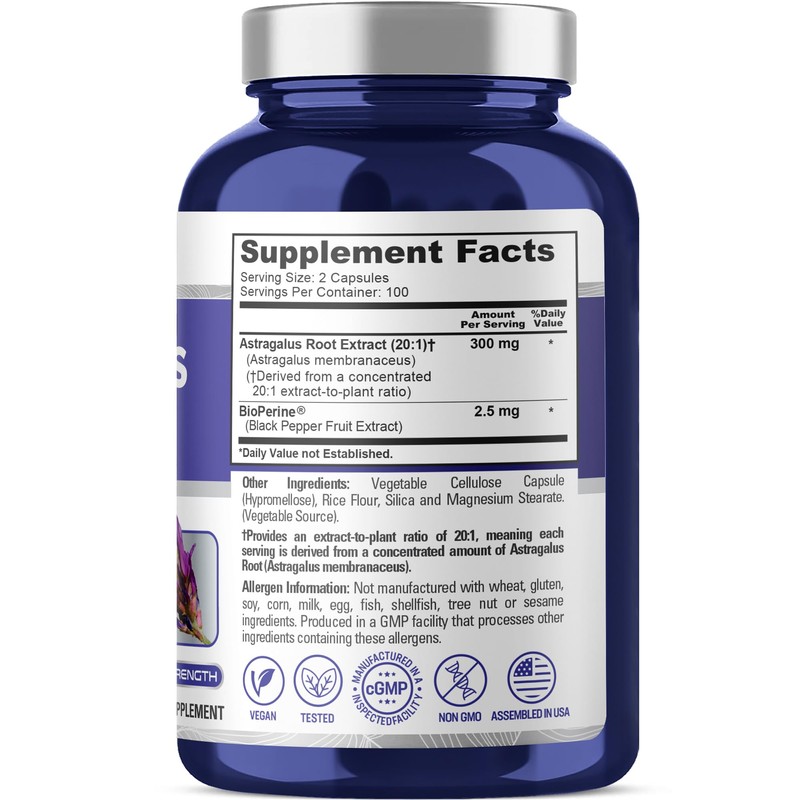 NusaPure Astragalus Capsules, 300 mg, 200 Veg Capsules (Non-GMO, Vegan)