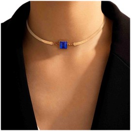 Cimenexe Bohemian Sapphire Necklace Choker Blue Crystal Choker Necklace Herringbone Necklace Golden Snake Chain Necklace Vintage Flat Snake Collar Necklace Jewellery for Women and Girls
