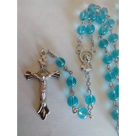 Catholic Aqua Turquoise Color Lt Blue Glass 5 Decade Rosary Silver Tone Crucifix