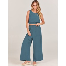 ANRABESS - Conjunto de 2 piezas de verano para mujer, sin mangas, parte superior corto y pantalones de pierna ancha, conjunto de ropa de playa y día festivo, Lake, XXL