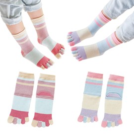 Pursuestar 2 Pairs Cotton Five Finger Toe Socks Athletic Running Color Block Rainbow Stripe Dress Socks for Girls Kids Boys 2-10 Years