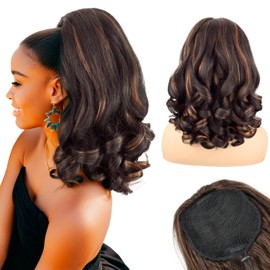 SOMOREATY Ponytail Extension,16" Drawstring Ponytail for Black Women Yaki Straight with Curly Ends Synthetic Hairpiece Hair Extension Pony Tails for Women(4H30)