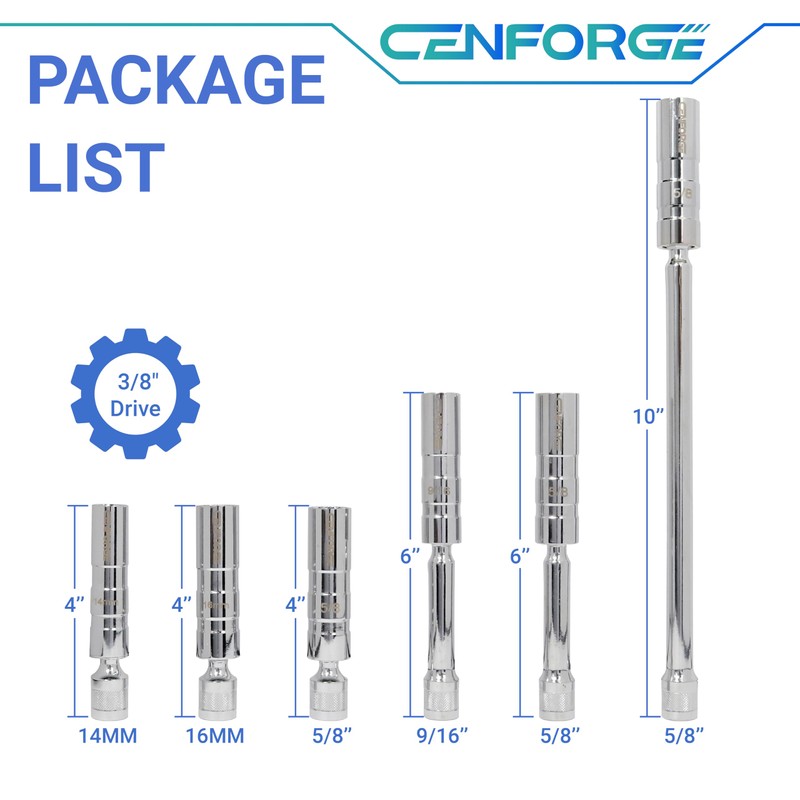 CENFORGE Cenfoge 6-PC Magnetic Swivel Spark Plug Socket Set, Includes