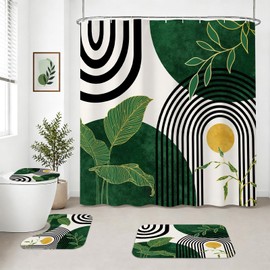 4Pcs Green Bathroom Sets with Shower Curtain and Rugs, Mid Century