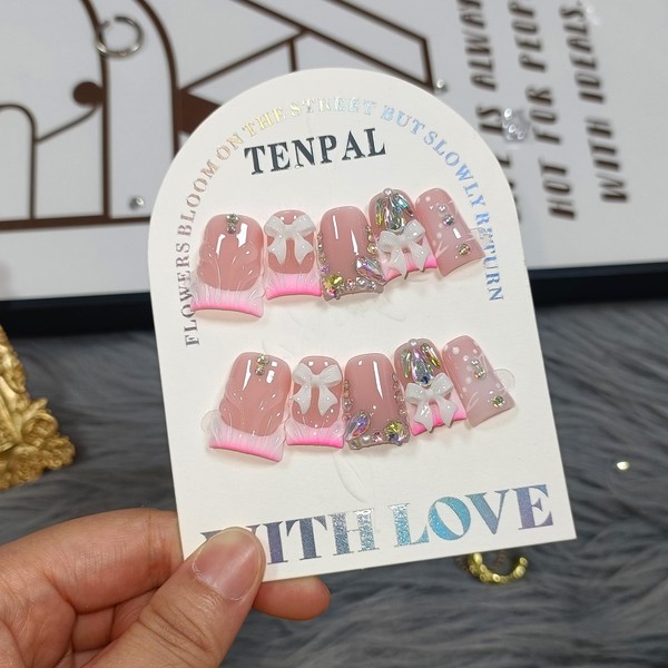TENPAL 10Pcs Ballerina Press On Nails With Tools,3D Bow Flushed