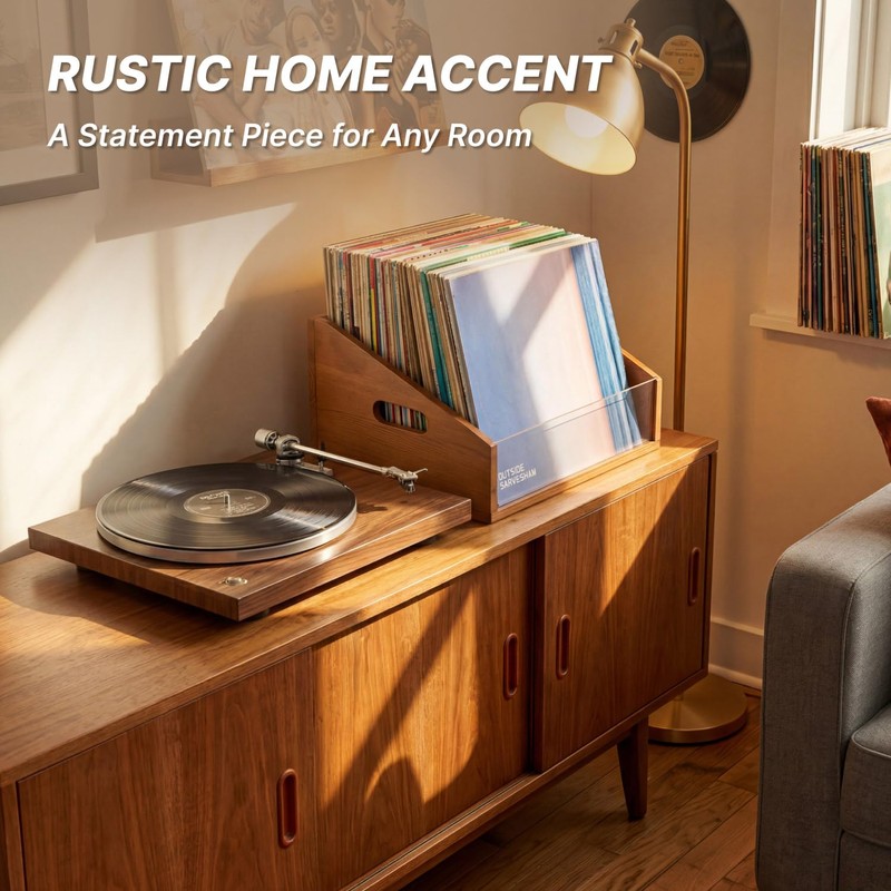 Vinyl Record Storage Crate, Solid Wood Rustic Record Box Holds
