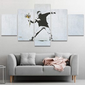 SIGNWIN Large Canvas Wall Art Banksy Street Artwork_Man Throwing Flowers Abstract Plants Illustrations Impressionism Panoramic Relax/Calm Multicolor for Living Room, Bedroom, Office - 60"x32"