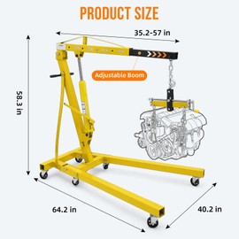 Engine Hoist Folding Cherry Picker 4400 Lb Capacity Heavy Duty Hydraulic Shop Crane with Telescoping Boom 6 Steel Caster Wheels for Automotive Repair Garage Use Includes Hitch and Storage Stand Yellow
