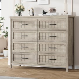 Jocoevol Farmhouse Dresser 8 Drawer Dresser for Bedroom, Large Wooden Dressers Double Grey Dresser with Deep Drawers Dressers for Hallway, Entryway (White and Brown)
