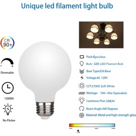 KGC LED Edison Globe Light Bulbs, Warm White 2700K CRI 90, LED Filament Light Bulb, 5W Equivalent to 40W, G25(G80) Dimmable LED Bulbs, Milky Glass, Bathroom Vanity Mirror, Pack of 6