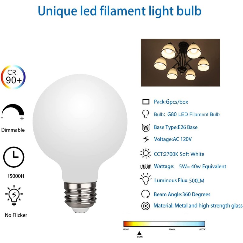 KGC LED Edison Globe Light Bulbs, Warm White 2700K CRI