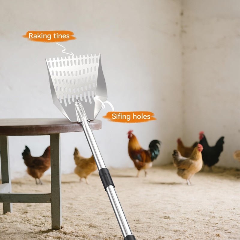 Chicken Poop Scooper: 2-in-1 Rake & Sifter - Silver Chicken