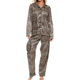 Alexander Del Rossa Long Sleeve Satin Pajama Set for Women, Satin PJs for Women Set, Womens Satin Pajama Set Leopard Print XL (A0750W10XL)