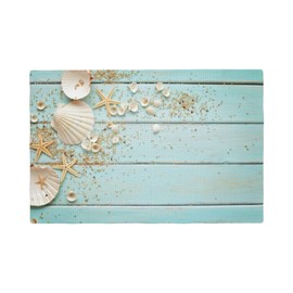 Jbofyee - Juego de 4 manteles individuales con diseño de conchas de mar sobre fondo de madera, para el hogar, cocina, fiesta, comedor, decoración, antideslizante, resistente al calor, lavable