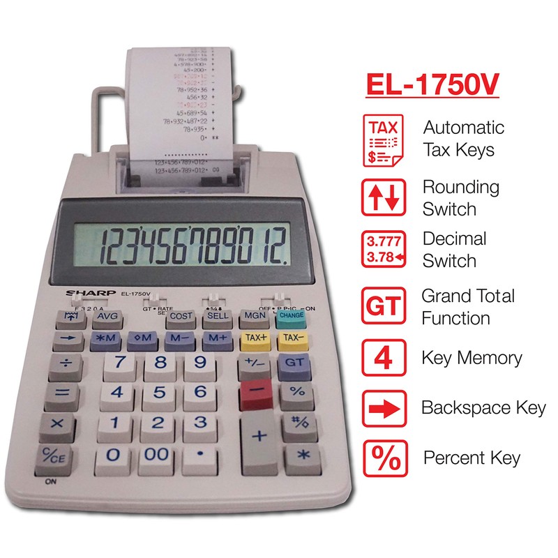 Sharp El-1750V 12-Digit Desktop Printing Calculator, White