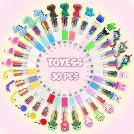 TOYESS 30Pcs Multicoloured Pens All in One, Party Bag Fillers for Girls and Boys, 4 in 1 Cute Cartoon Animal Pens, Kids' Party Favours for Class, Easter & Birthday