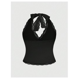 Verdusa Women's Plus Size Lace Tie Back Halter Tops Goth Rave Wrap V Neck Corset Tops Black X-Large Plus