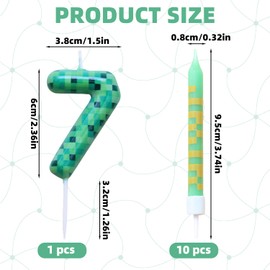 Geburtstagskerzen Zahlen 7, 11 Stück Pixel Geburtstagskerzen Kerze, Grün Geburtstagskerzen Zahlen, Game Tortendeko Zahlenkerze für Mädchen Jungen, Kinder Geburtstagskerzen Torteparty Deko