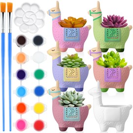 Pasimy 6 Set DIY Ceramic Succulent Planter Pots Paint Your Own Flower Pots Craft Kit Unpainted Bisque Paintable Flowerpot with Brush Palette Ready to Paint for Family Activity Gift(Alpaca)