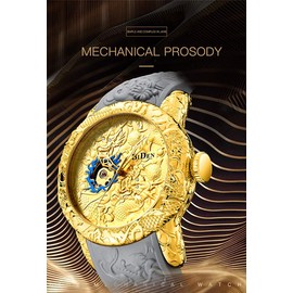 Automatic Watch for Men Fashion 3D Engraved Dragon Waterproof Big dial Sport Wristwatch (Gold)