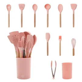 GreenLife 11 Piece Silicone Utensil Crock Set, PFAS-Free & BPA-Free Nonstick Kitchen Tools, Ladle, Turner, Slotted Turner, Spatula, Spoon, Spaghetti Server, Brush, Whisk, Tongs, Crock, Dusty Pink