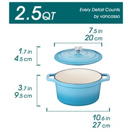 vancasso Enameled Cast Iron Dutch Oven, 2.5 QT Blue Naturally Non-Stick Casserole Dish Cookware, with Stainless Steel Knob Lid Cast Iron Casserole for Steam Braise Bake Broil Saute Simmer Roast