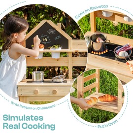 ROBUD Wooden Outdoor Play Kitchen for Kids – Mud Kitchen Playset with Refillable Water Tank, 2 Pots, 3 Garden Tools, 2 Planting Cups & House Chalkboard, Backyard Role Play