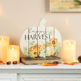 Glitzhome 9" H Thanksgiving Wooden Table Signs Decor Fall Happy Harvest Pumpkin Signs for Tabletop Farmhouse Thanksgiving Wood Blocks Thanksgiving Pumpkin Centerpiece Signs with Hang Hole Wall Decor