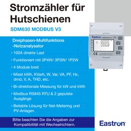 Eastron SDM630Modbus-V3 Three-phase meter digital electricity meter for DIN rail, multifunctional, bi-directional with 2x S0, RS485 Modbus-RTU