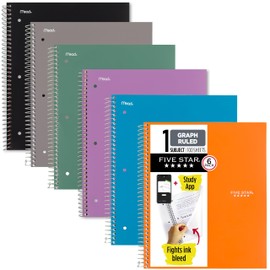 Five Star Spiral Notebook + Study App, 6 Pack, 1 Subject, Graph Ruled Paper, 8-1/2" x 11", 100 Sheets, Fights Ink Bleed, Water Resistant Cover, Assorted Colors (73549)
