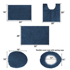 DTXDTech Chenille Bathroom Rug Set 4 Piece with PVC Non-Slip Backing,Soft Bath Rug Set with Toilet Lid Cover,Water Absorb Bath Mats for Bathroom,Machine Washable,Navy Blue