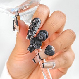 Sethexy Brown Long Coffin Press-On Nails 3D Black Bear False Nails Elegant Acrylic False Nails Shiny Checkerboard Pattern for Women and Girls 20 Pieces (S)