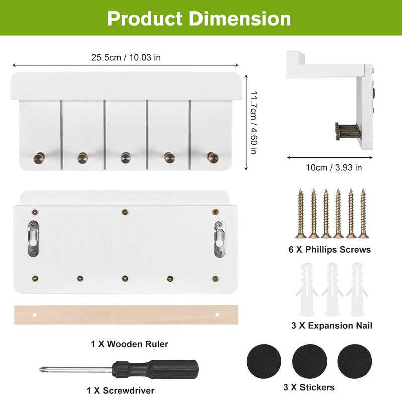 Kldgris Key Rack with Shelf, Wooden Key Holder, White, Decorative