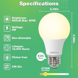 DEGNJU Bombillas LED A19, bombillas LED equivalentes a 60 W, blanco suave 2700 K, 800 lúmenes, base estándar E26, no regulable, bombillas LED blancas 